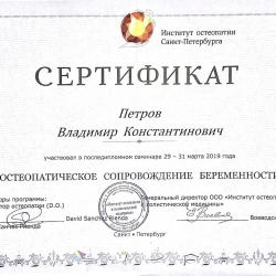Сертификат о прохождении семинара «Остеопатическое сопровождение беременности» (Санкт-Петербург)
