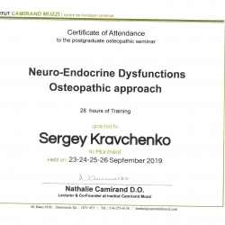 Сертификат о прохождении семинара «Остеопатический подход к лечению нейроэндокринных дисфункций». Канада, сентябрь 2019
