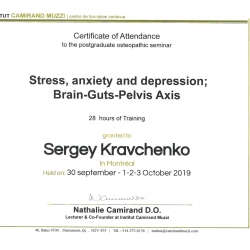 Сертификат о прохождении семинара «Стресс, тревожность и депрессия. Биохимическая связь ЦНС и ЖКТ». Канада, сентябрь 2019