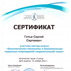 Сертификат участника мастер-класса «Биохимические механизмы и биохимическая коррекция повреждений соединительной ткани»