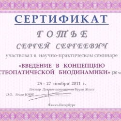 Сертификат об участии в научно-практическом семинаре «Введение в концепцию остеопатической биодинамики»