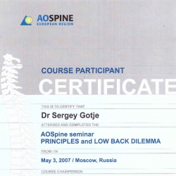 Сертификат участника семинара «Principles and low back dilemma»